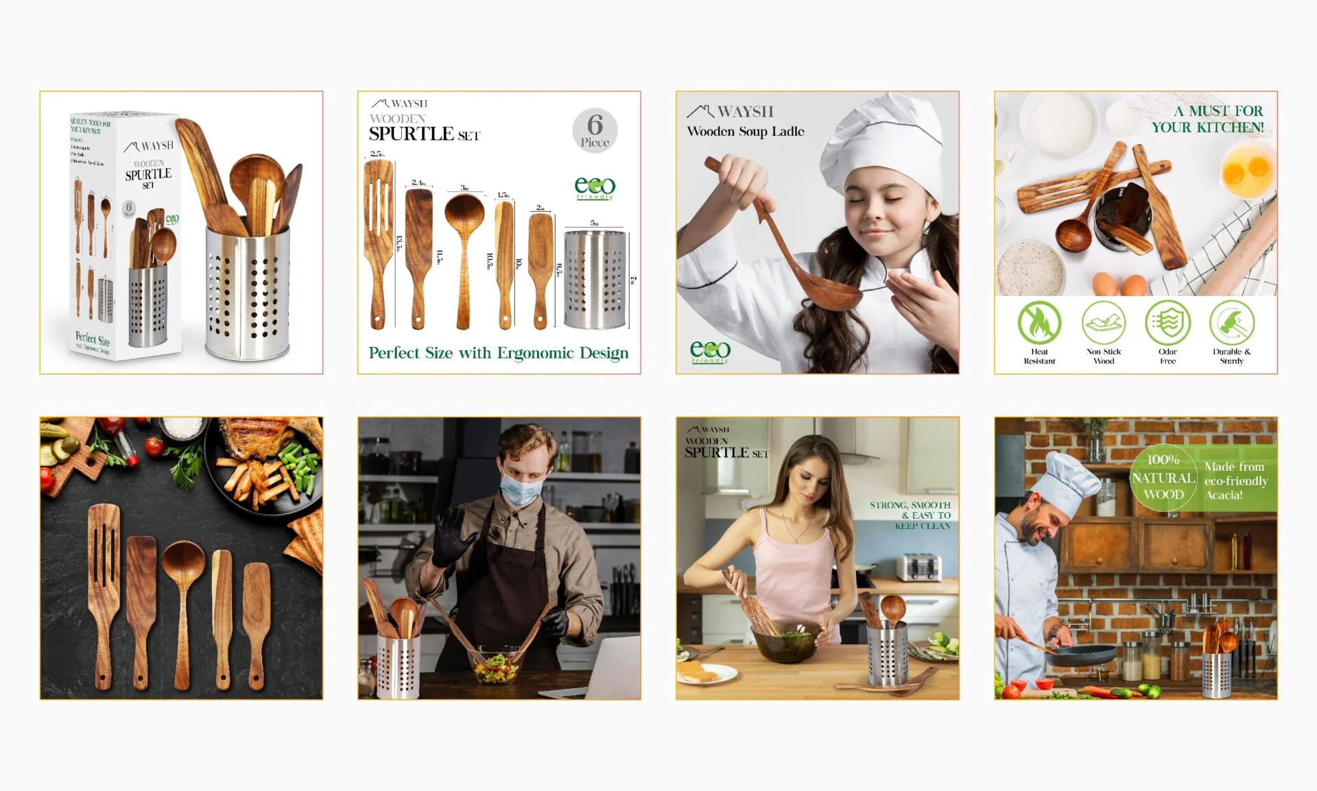 amazon listing images for a wooden spurtle set